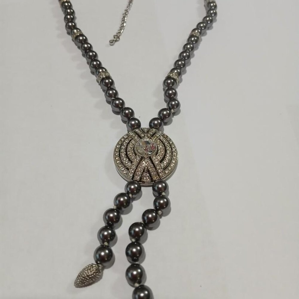 Suzanne Somers Cubic Zirconia Gray Bead Necklace adjustable 30" Lariat fine  New